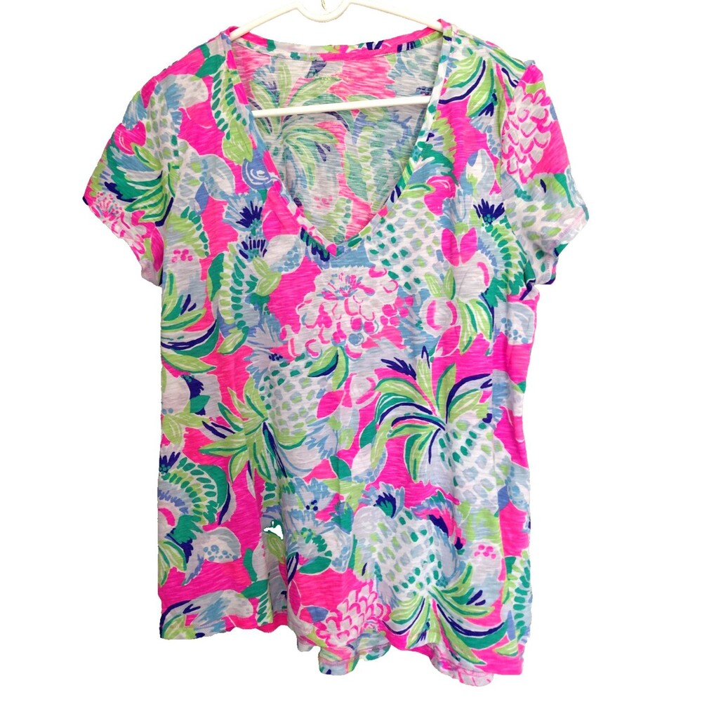 Lilly Pulitzer Top Womens Sz L Tropical V Neck 100% Cotton